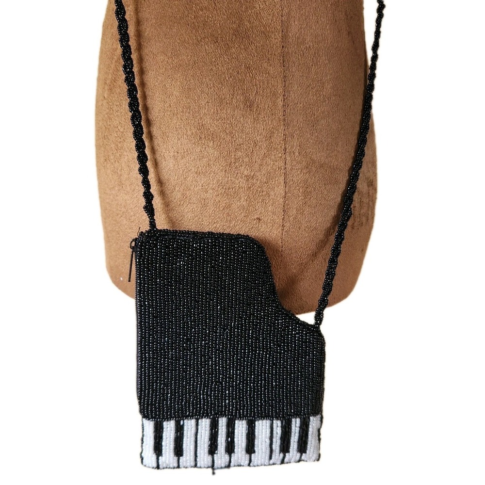 Beaded Piano Purse Black White Zip Closure‎ Music Teacher Beaded Strap Small